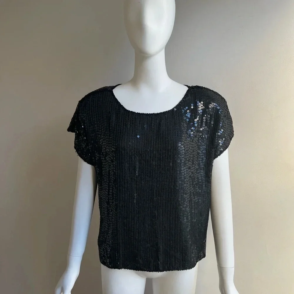 Shimmer New York Sequence Black Padded Shoulders  100% Silk Top M NWT - Picture 2 of 9